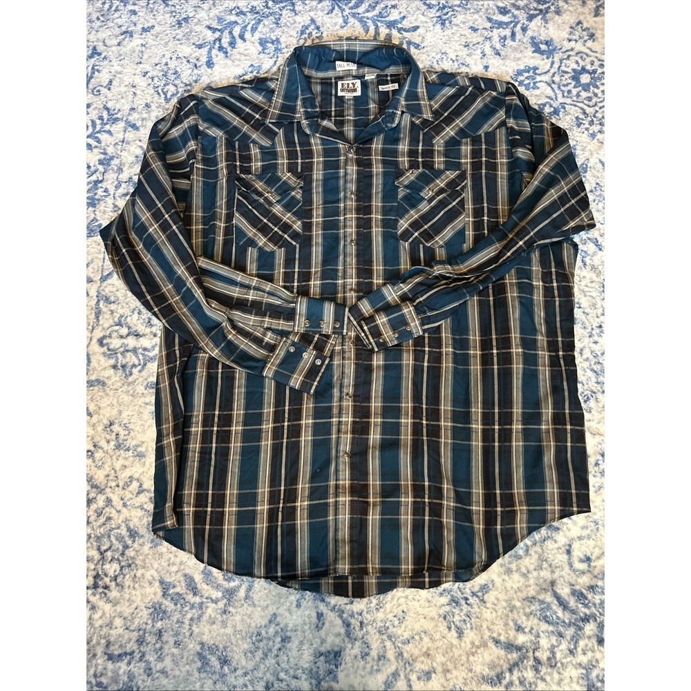 Ely Cattleman Big Man Shirt Men's 3XL TALL MAN Pearl Snap Front Blue Western